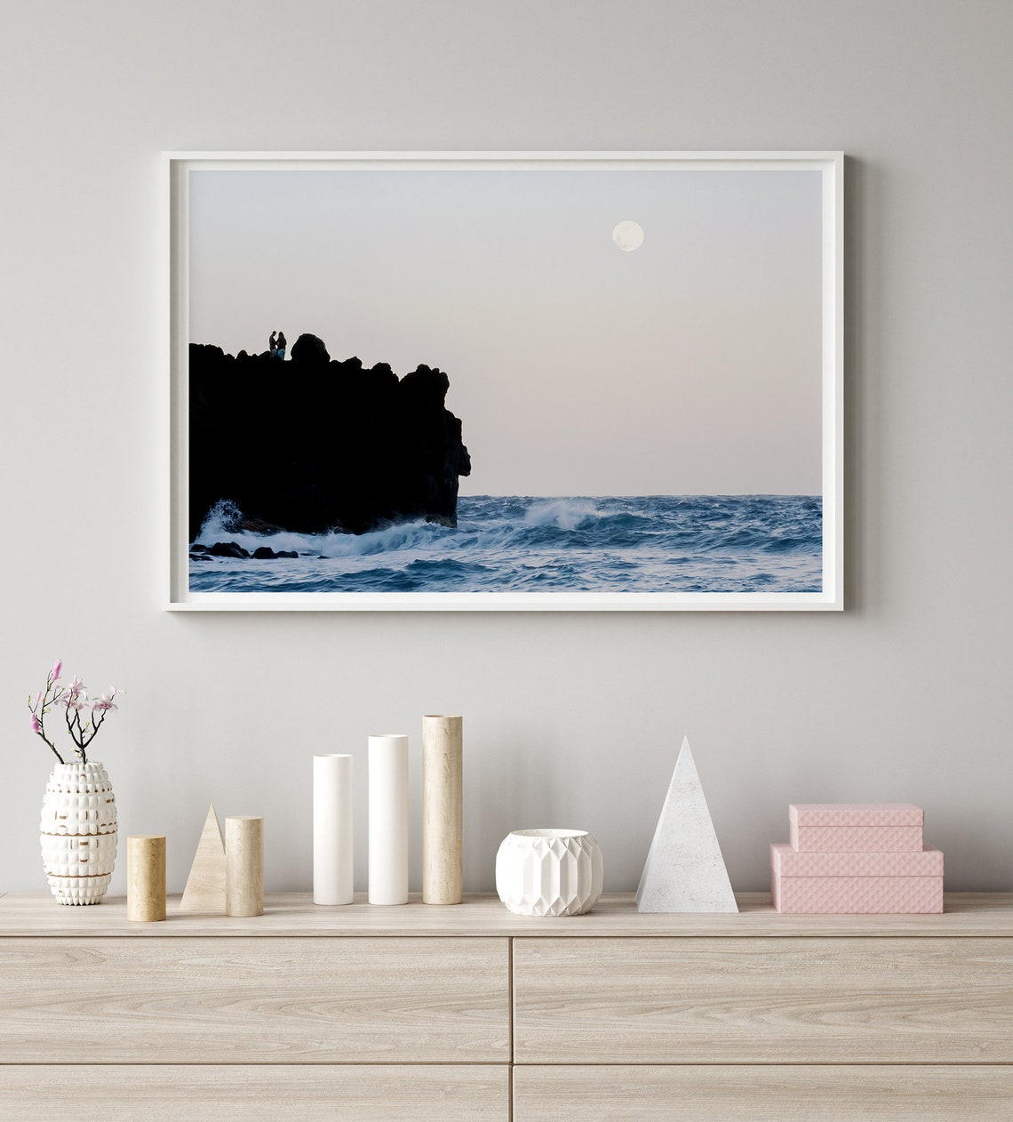 Ocean Moonrise Rocky Cliff Couple Silhouette Waves Night View Poster - Image 3
