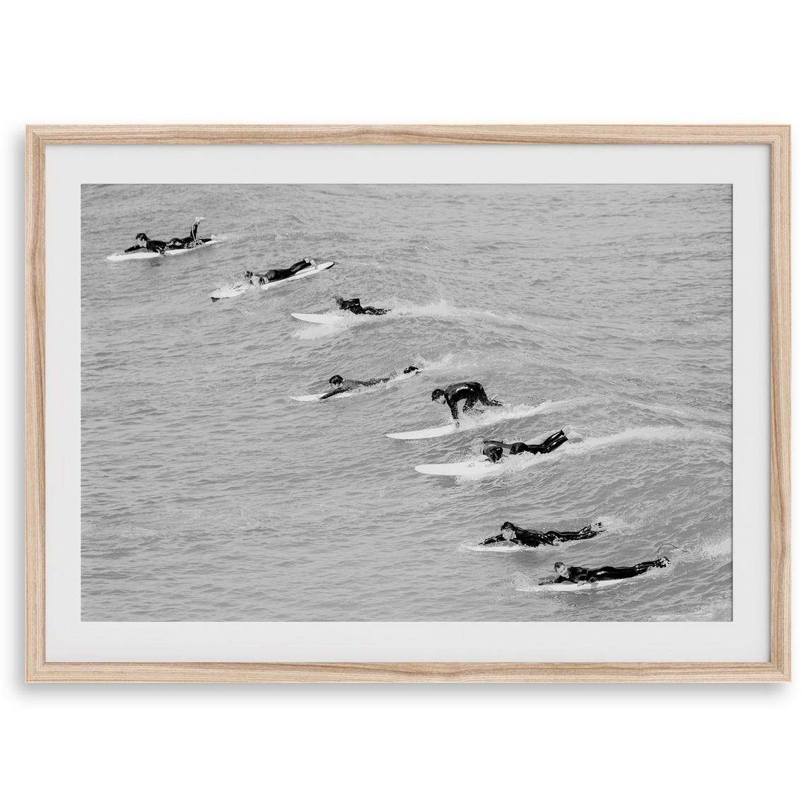 Surfers Paddling Lineup Wetsuits Black And White Ocean Wave Poster