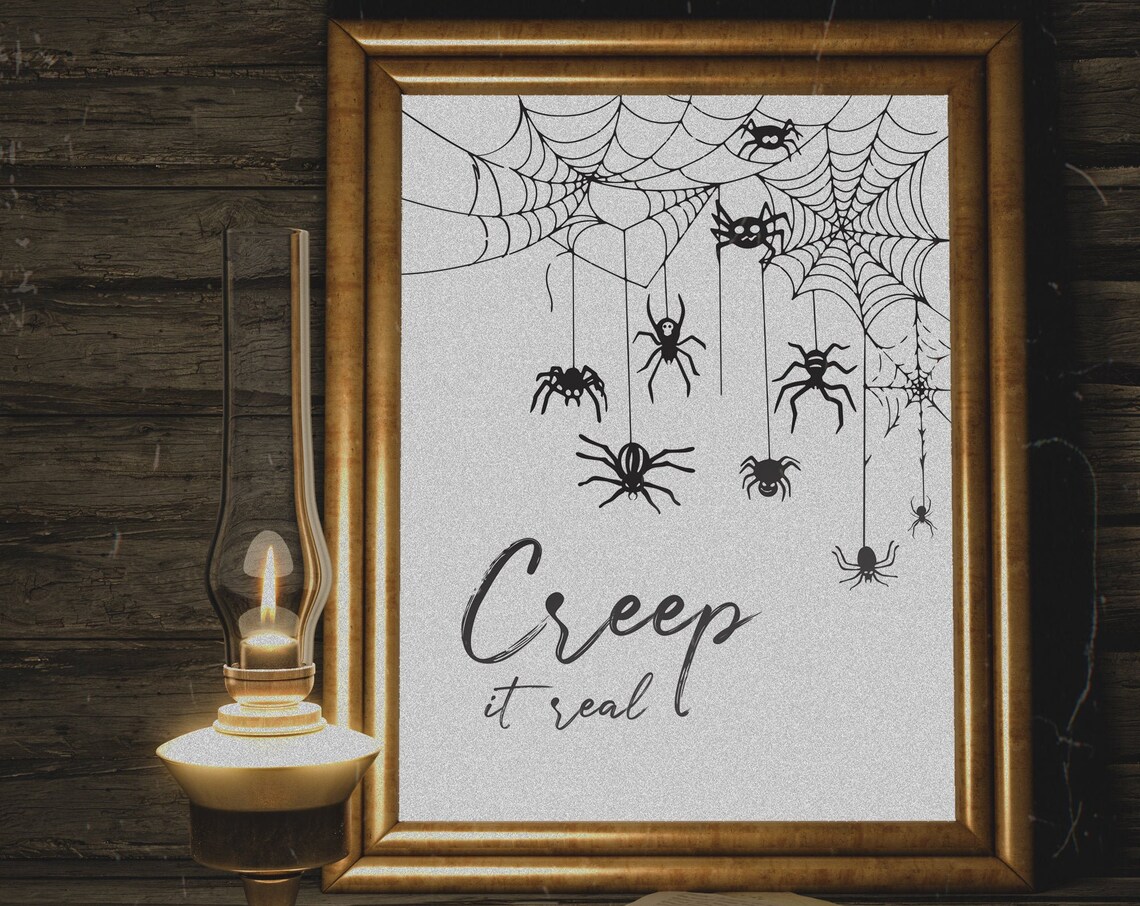 Creep It Real Halloween Spider Poster, Spooky Black and White Party Decor