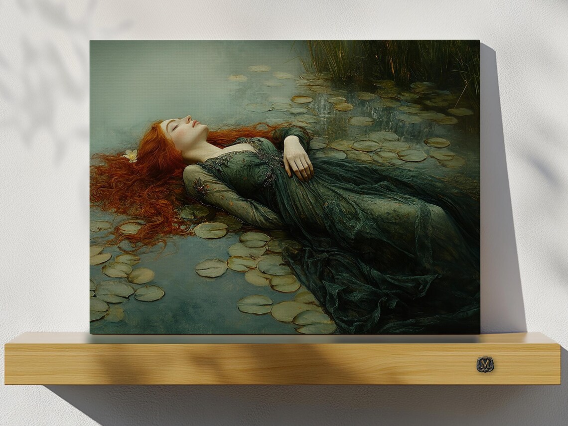 Red Haired Woman Floating Lily Pond Dark Romantic Painting Wall Art