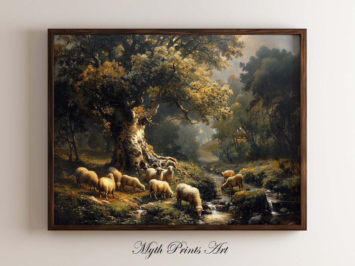 Stream Sheep Herd Vintage Countryside Art Print