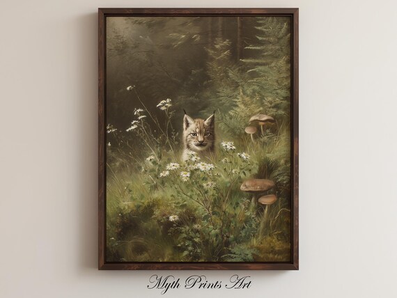 Lynx Kitten In Wildflower Meadow Moody Rustic Painting Poster