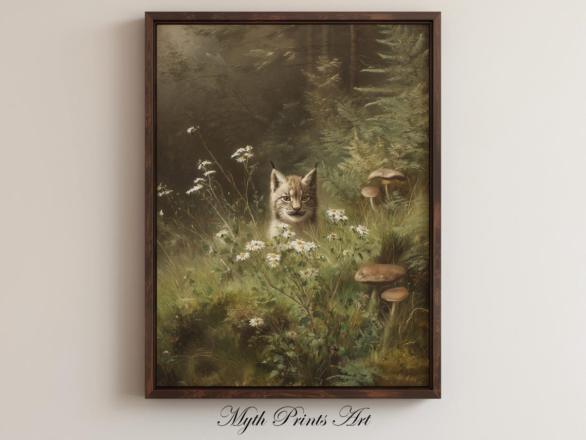 Lynx Kitten In Wildflower Meadow Moody Rustic Painting Poster