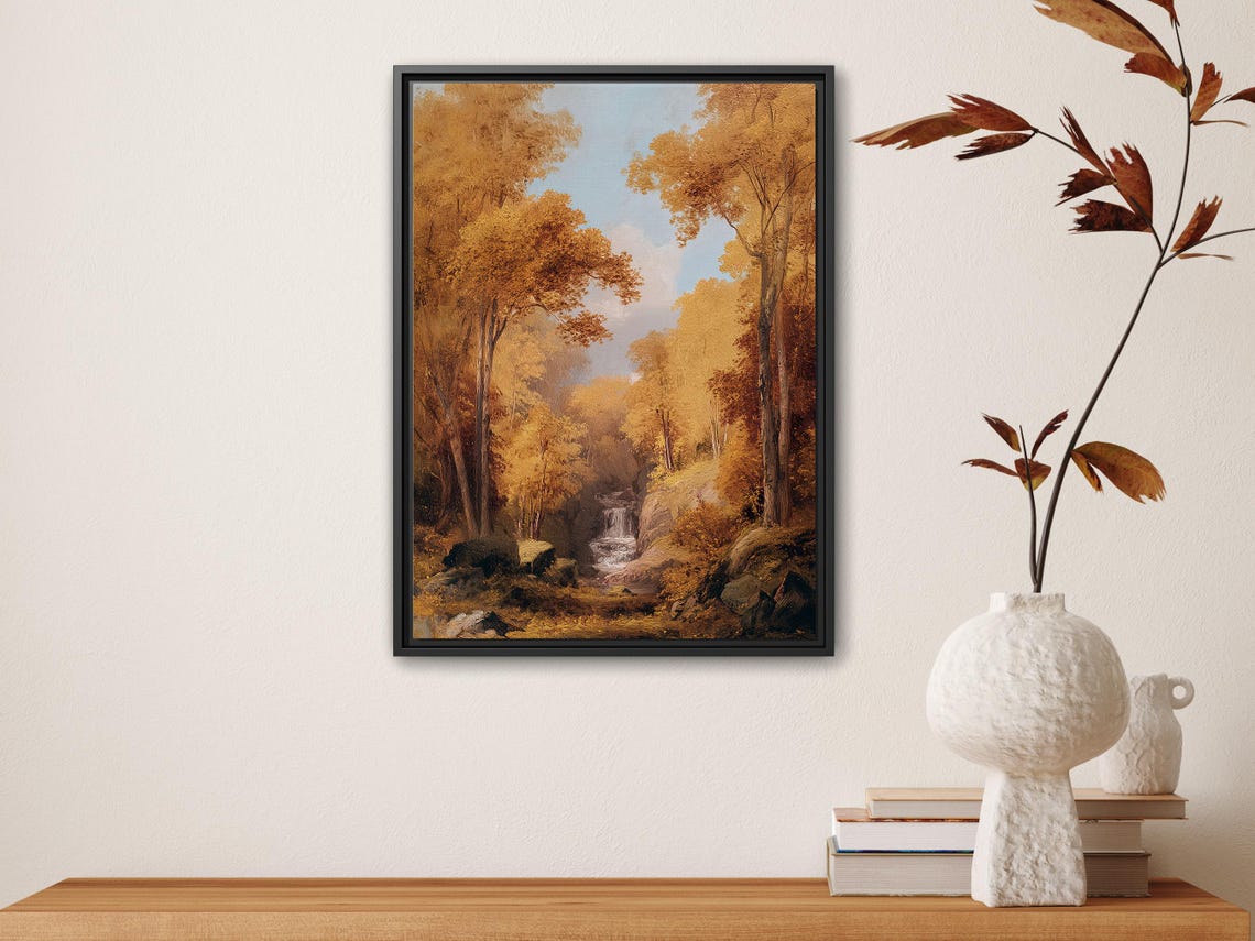 Autumn Waterfall Golden Forest Vintage Landscape Painting Poster