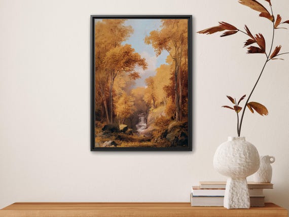 Autumn Waterfall Scenery Canvas Print Vintage Nature Framed Wall Art Moody Landscape Painting Cozy Home Decor