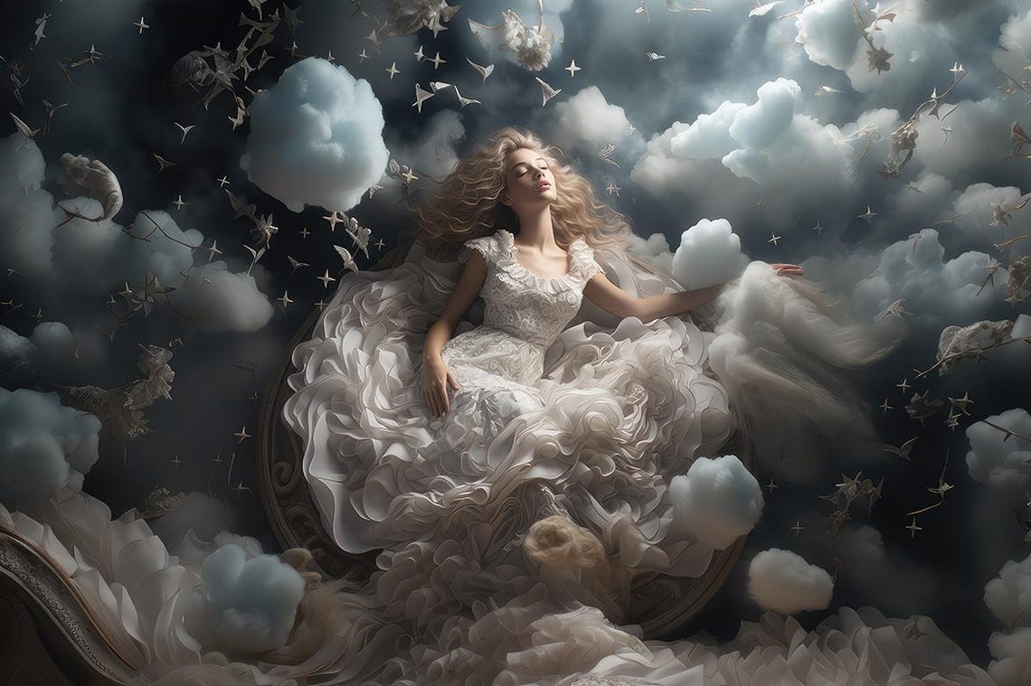 Dreaming Woman Floating Among Soft Clouds and Twinkling Stars Poster