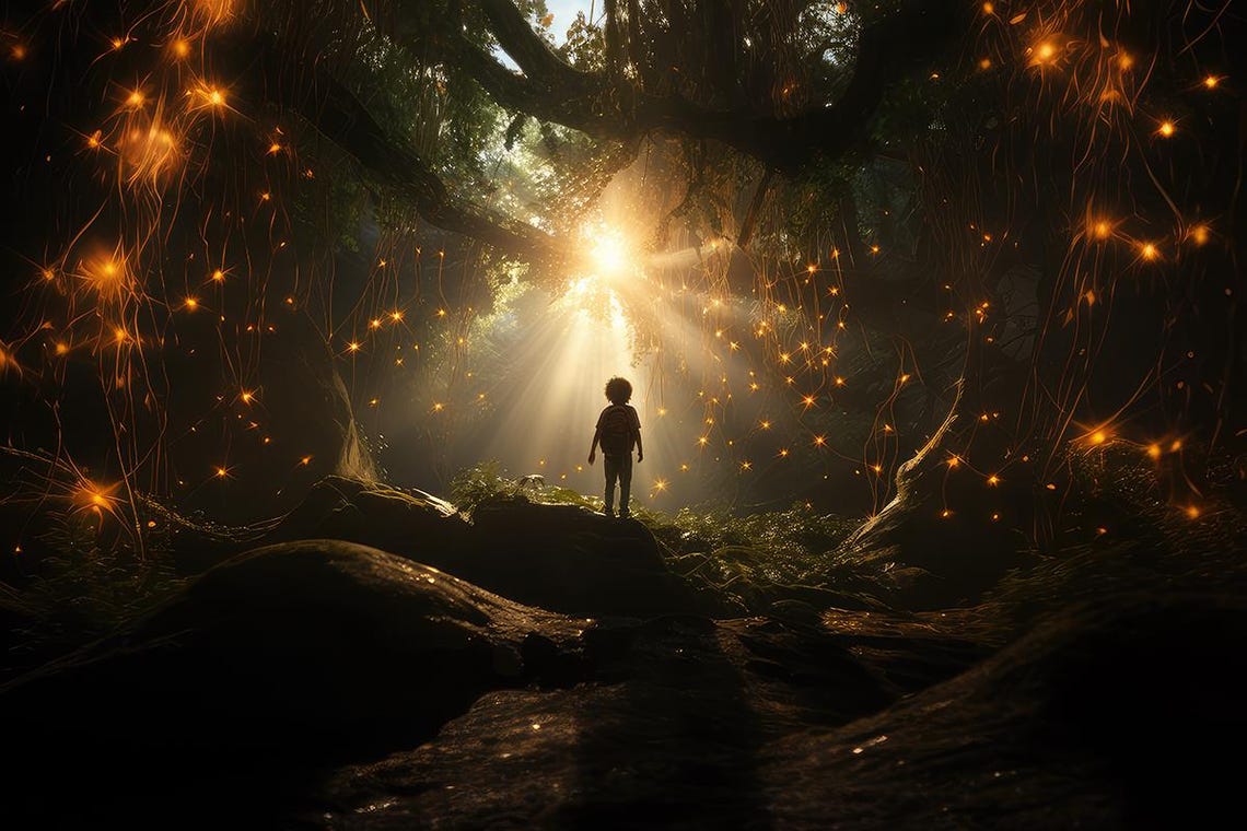 Child Silhouette Entering an Enchanted Glowing Forest Poster