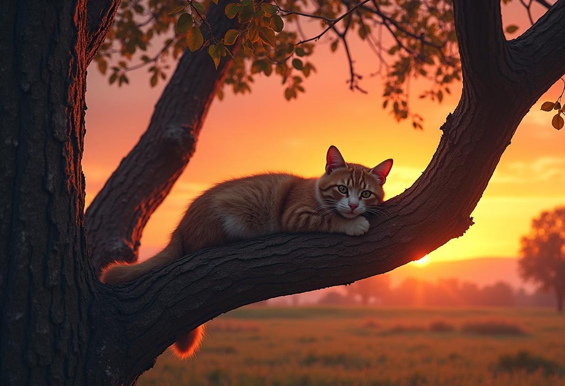 Orange Tabby Cat Resting on a Warm Tree Branch at Sunset Poster