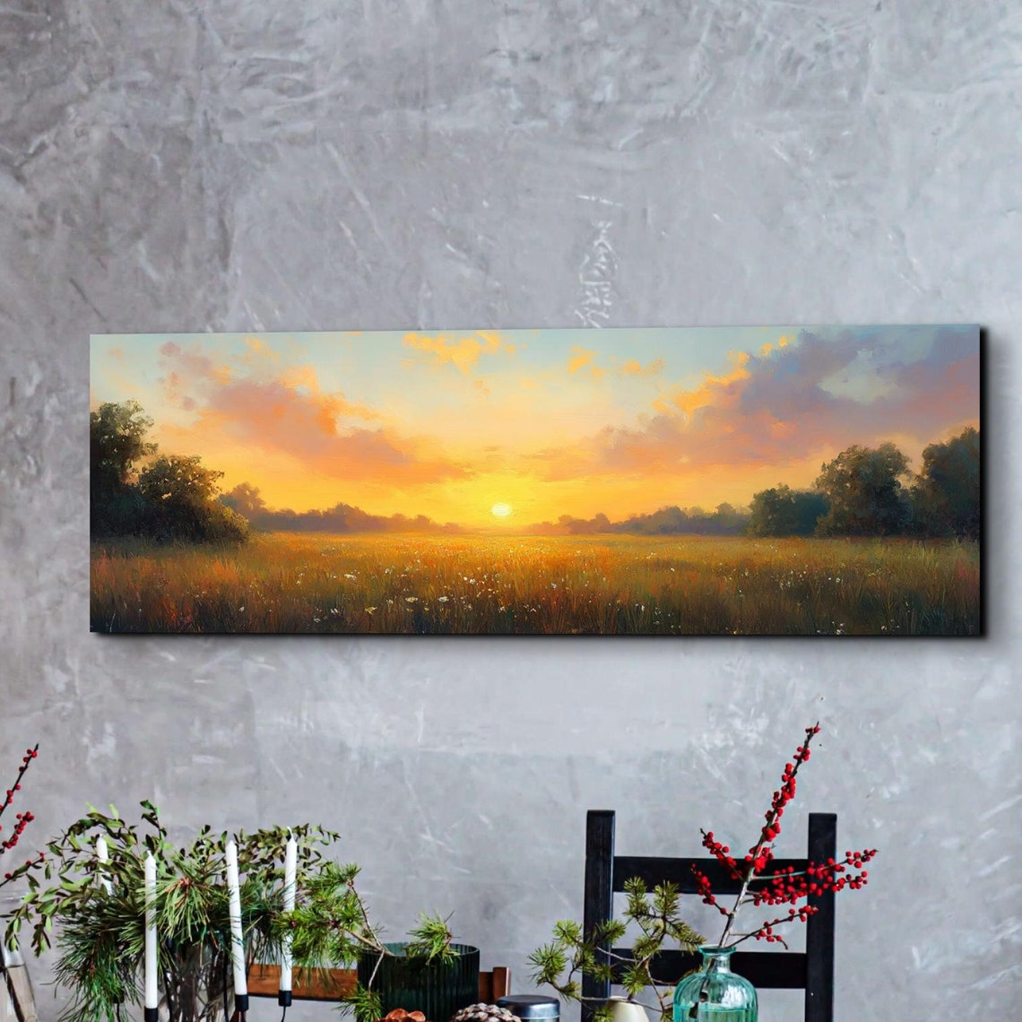 Golden Sunset Over Wildflower Field Country Panoramic Poster