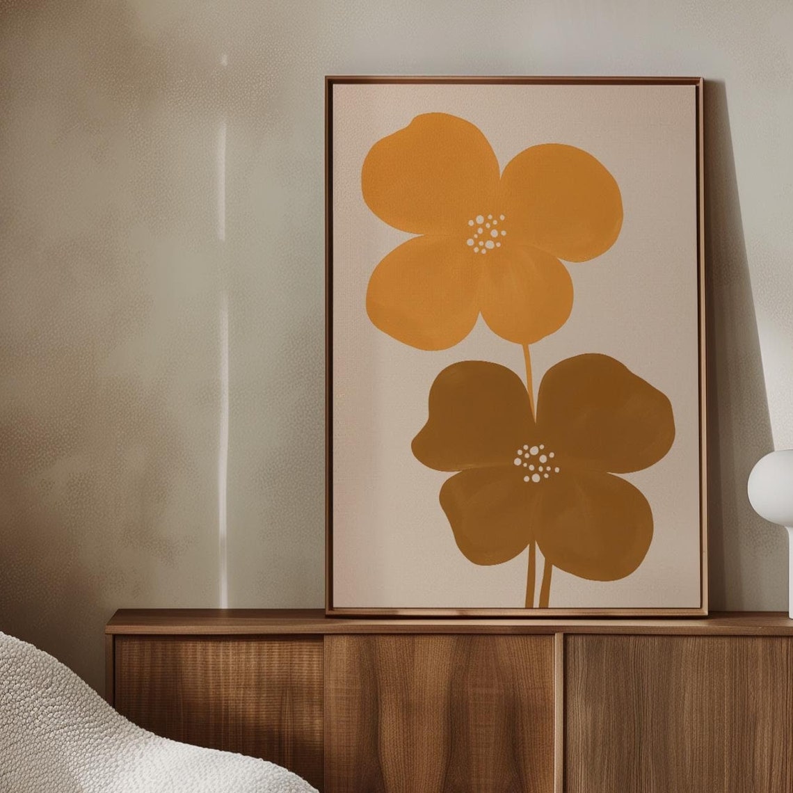 Retro Mustard Flower Pair Mid Century Modern Abstract Wall Art