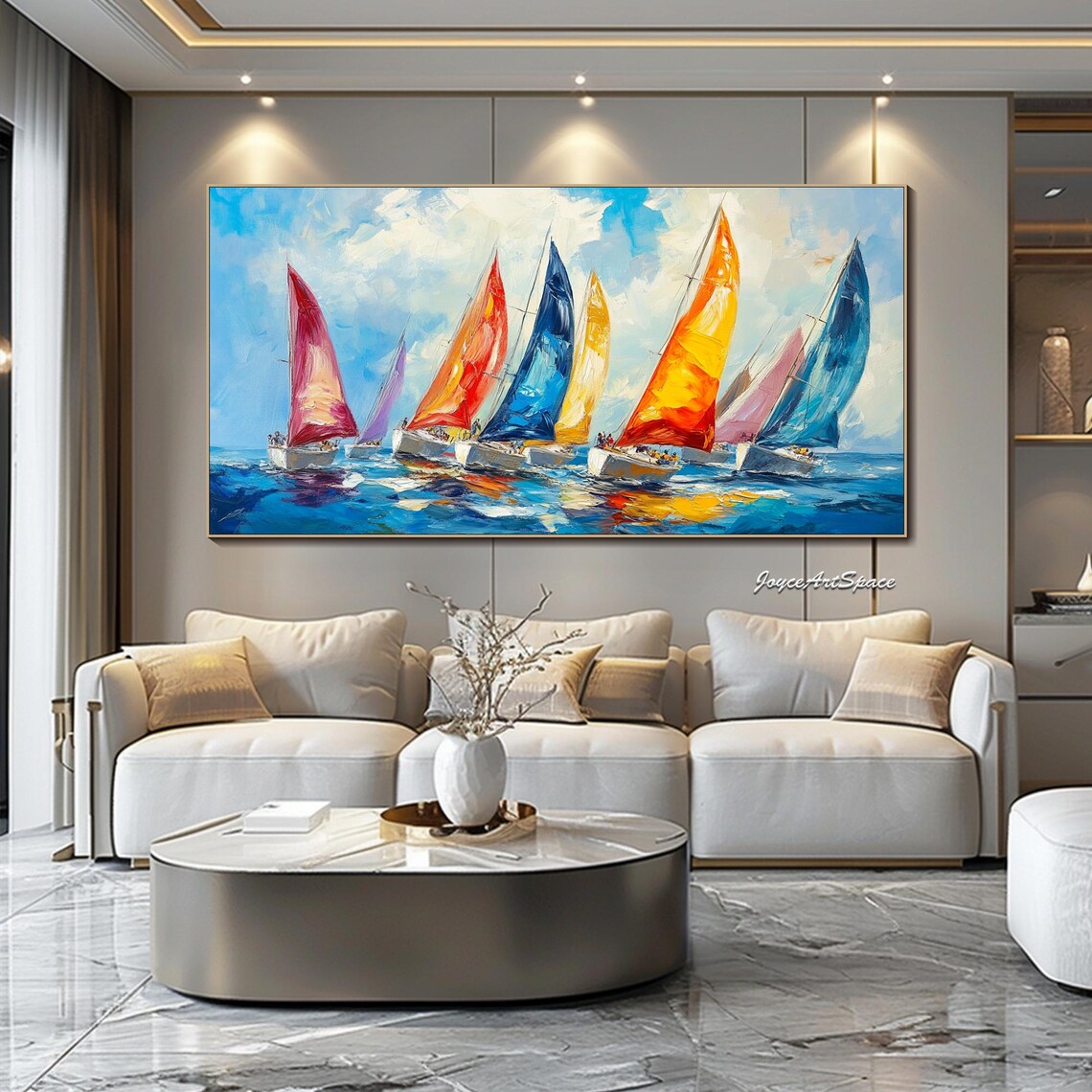 Colorful Sailboat Regatta Oil Painting Vibrant Sails Blue Sea Nautical Wall Art - Image 3