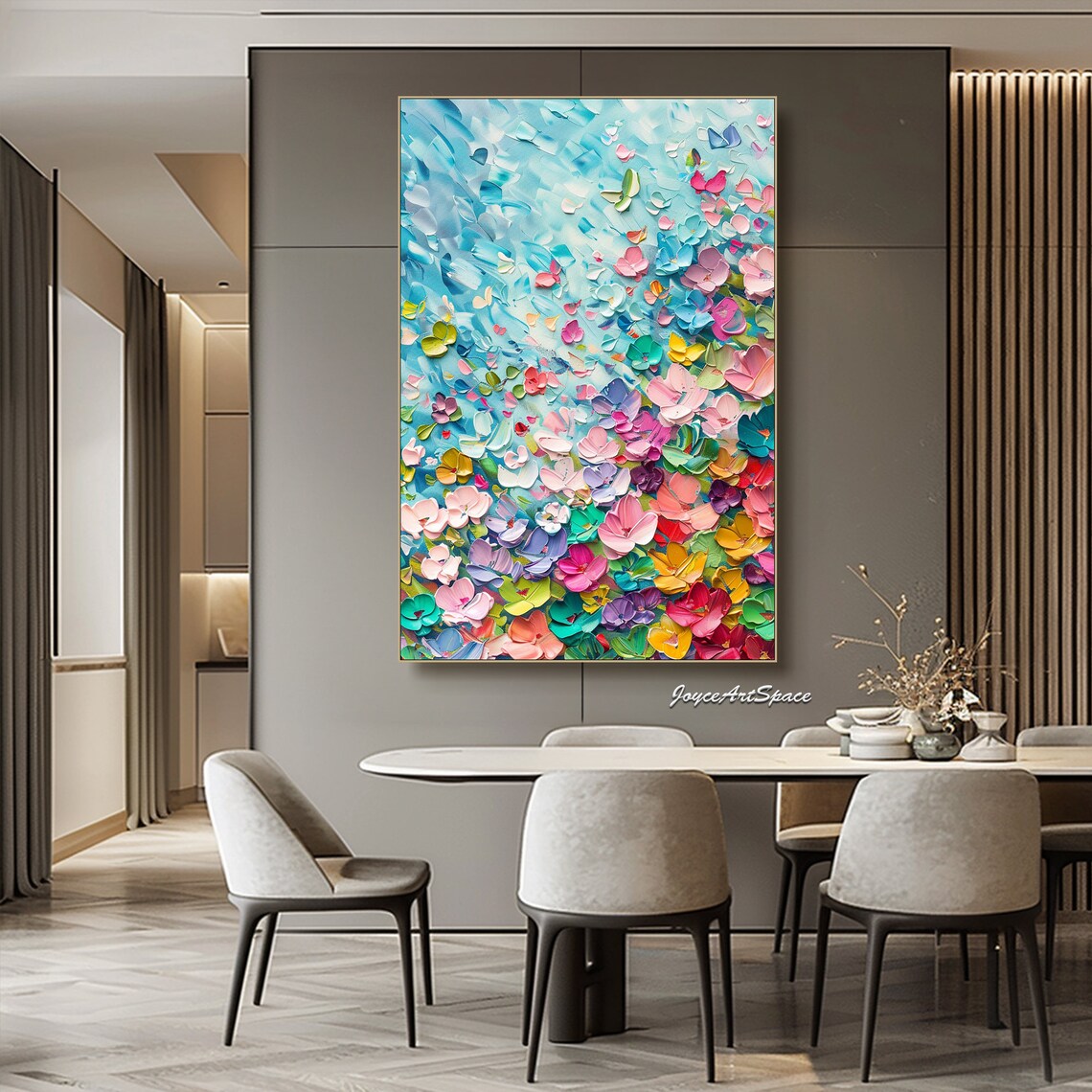 Rainbow Petal Burst Blue Textured 3D Floral Abstract Oil Poster - Image 2