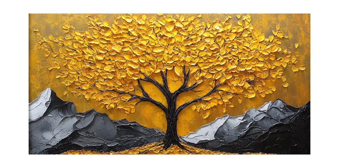Golden Tree Black Mountains Dramatic Gold Sky 3D Impasto Wall Art - Image 2