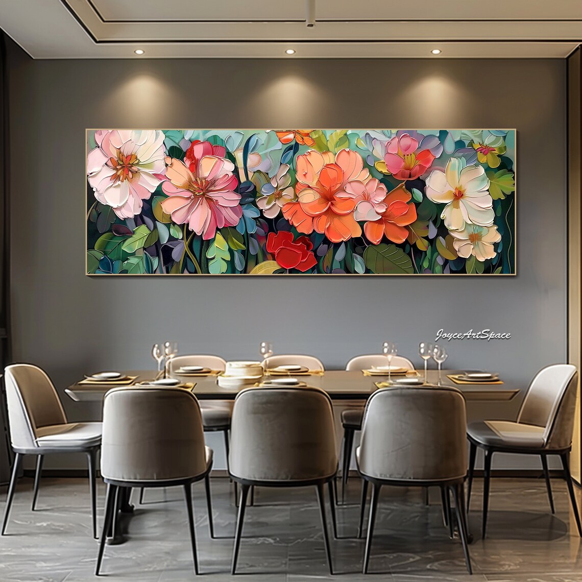Pink Orange Panoramic Blossom Garden Textured 3D Floral Art Poster - Image 5