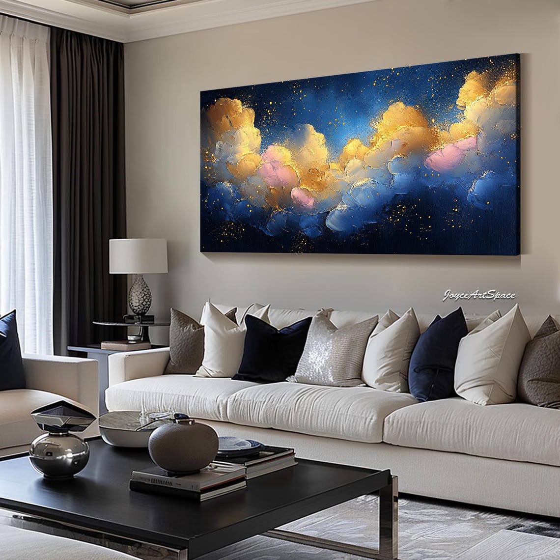 Golden Clouds Night Sky Abstract 3D Textured Impasto Wall Art - Image 2
