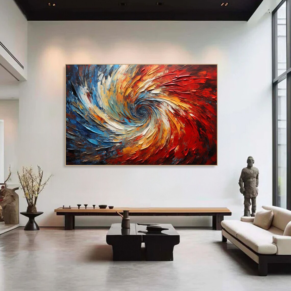 Fiery Red Blue Gold Swirl Textured 3D Abstract Oil Painting Poster - Image 4