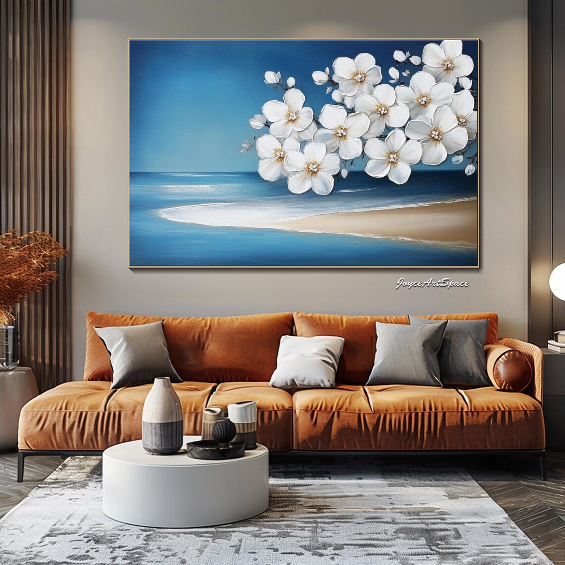 White Blossom Branch Ocean Shore Oil Painting Blue Coastal Floral Wall Art - Image 2