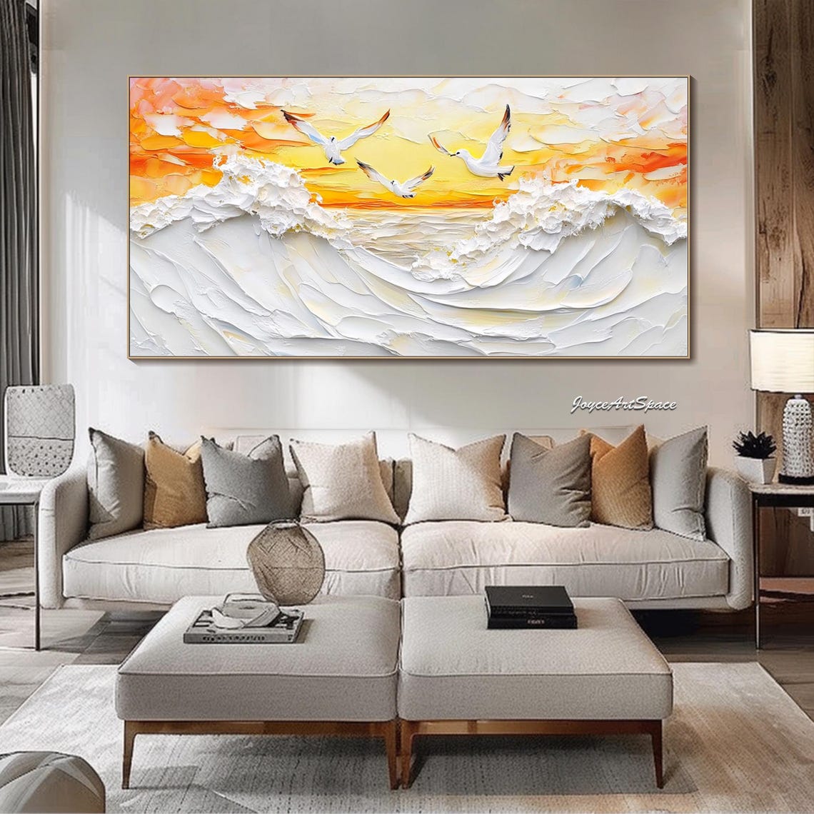 Ocean Waves Seagulls Golden Sunrise 3D Impasto Seascape Wall Art - Image 3
