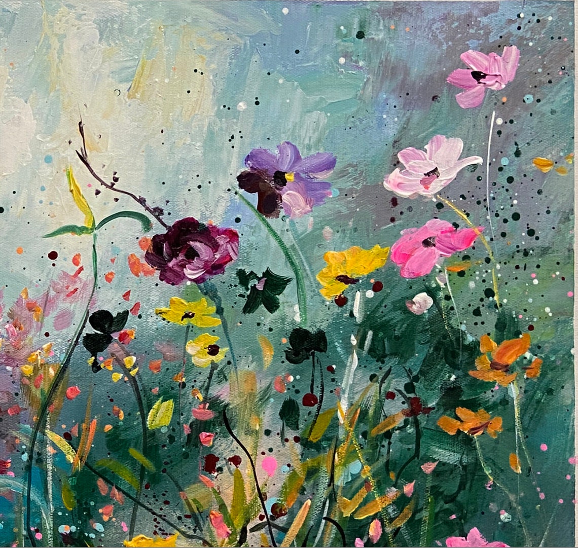 Wildflower Meadow Teal Background Colorful Blooms Impasto Wall Art - Image 5