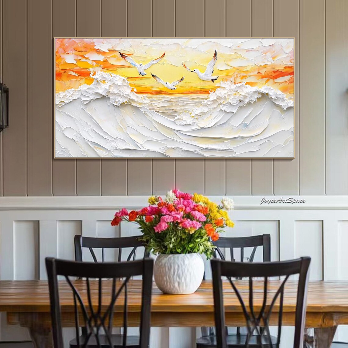 Ocean Waves Seagulls Golden Sunrise 3D Impasto Seascape Wall Art - Image 2