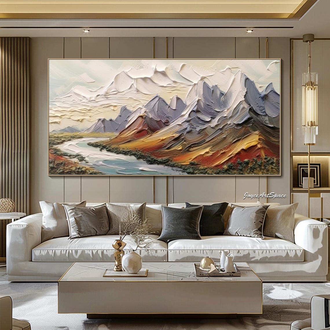 Abstract Mountain Range Rust Ochre Peaks River Palette Knife Wall Art - Image 5