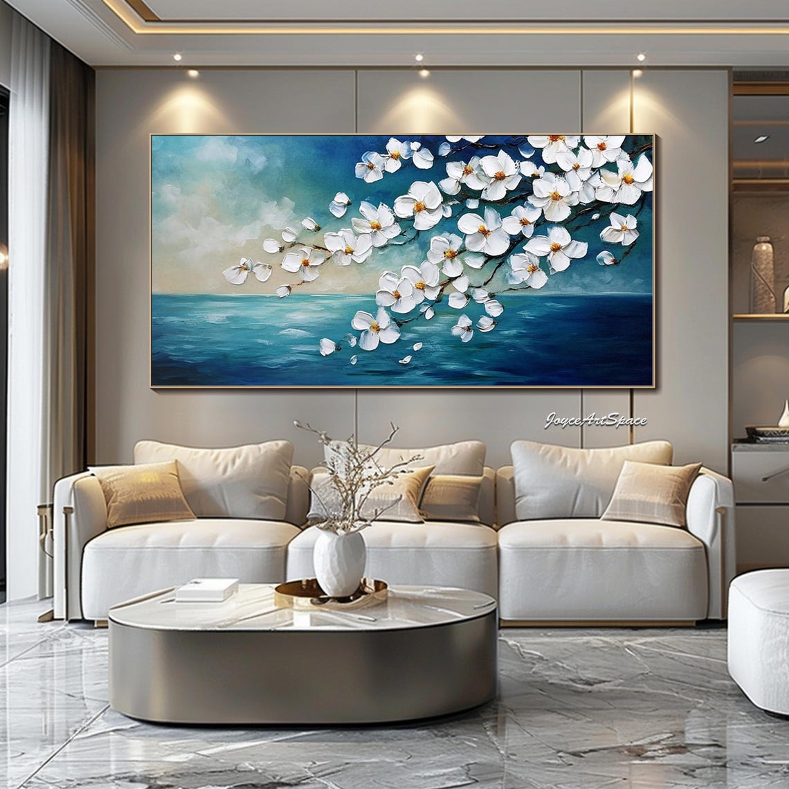 White Cherry Blossom Branch 3D Impasto Teal Ocean Seascape Wall Art - Image 4