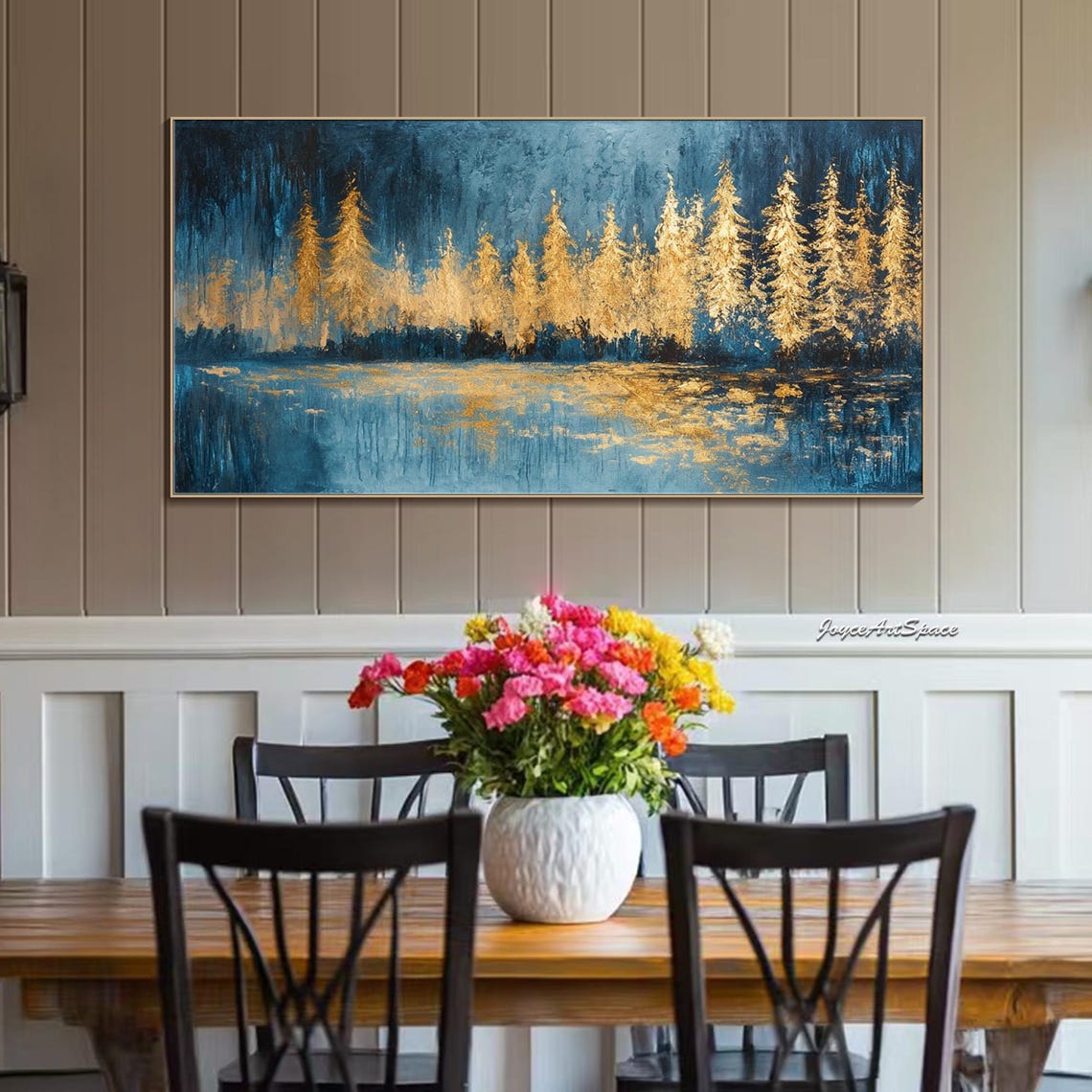 Golden Pine Trees Blue Night Reflection 3D Textured Wall Art - Image 3