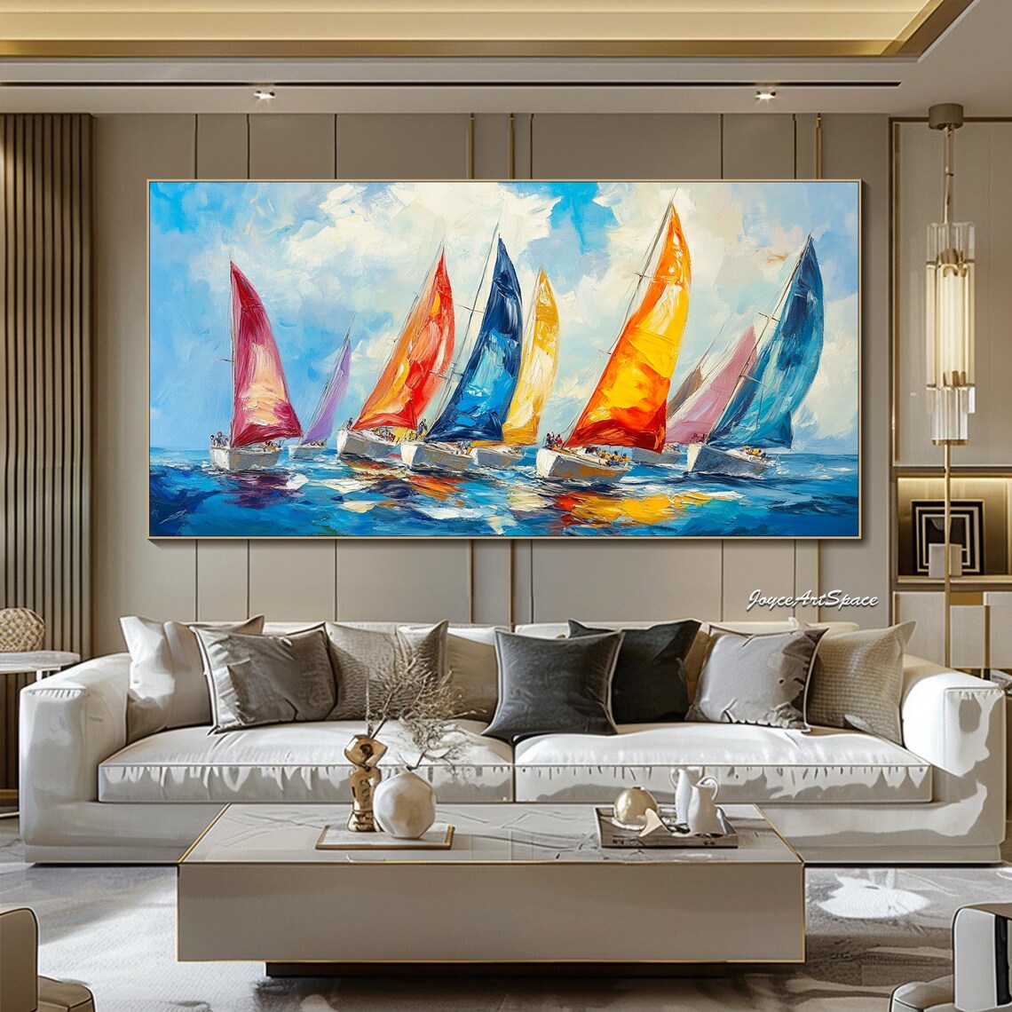 Colorful Sailboat Regatta Oil Painting Vibrant Sails Blue Sea Nautical Wall Art - Image 5