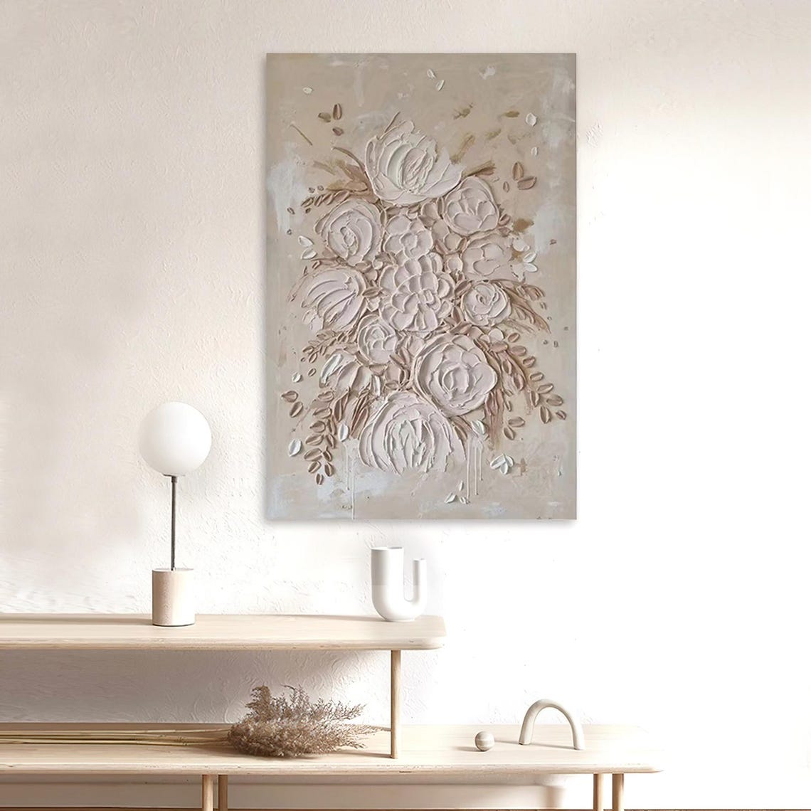 Beige 3D Textured Roses Bouquet Minimalist Floral Oil Painting Poster - Image 5