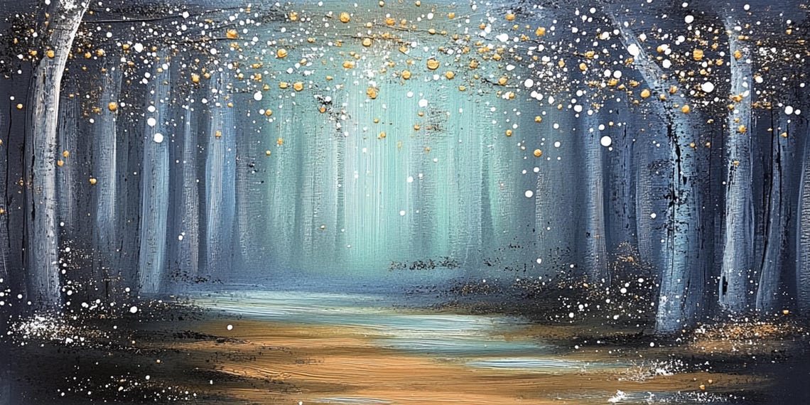Starry Blue Forest Night Gold Dots Textured 3D Landscape Oil Poster - Image 5
