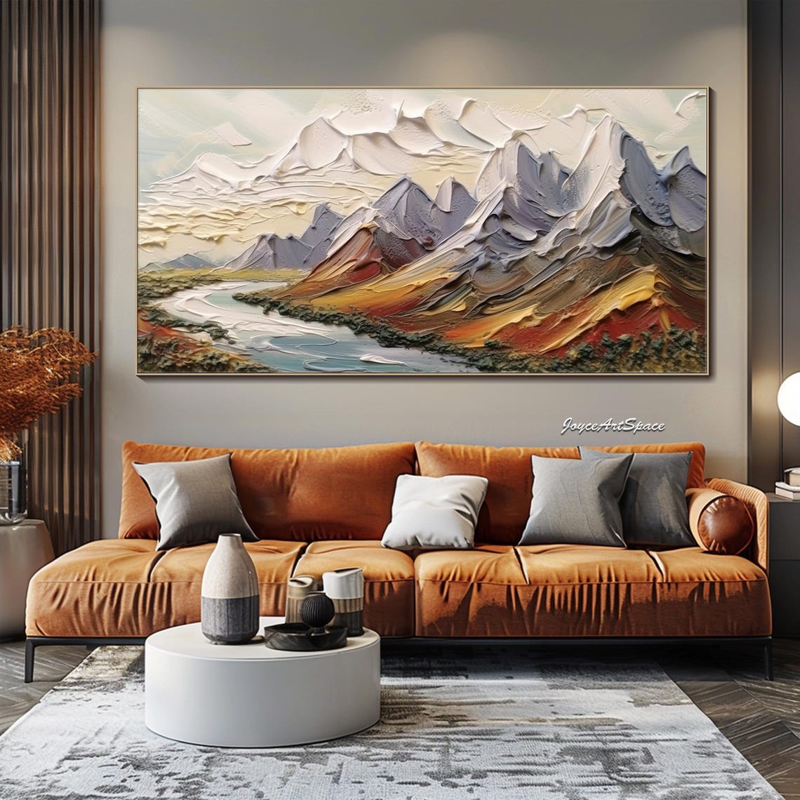 Abstract Mountain Range Rust Ochre Peaks River Palette Knife Wall Art - Image 3