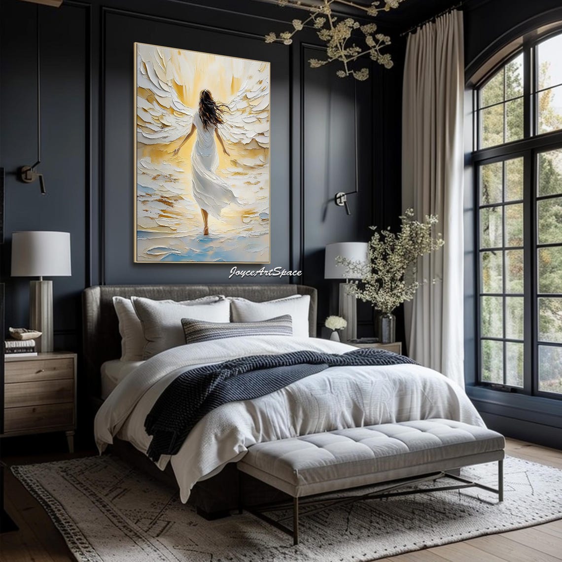 White Winged Angel Woman Golden Heavenly Light 3D Impasto Poster - Image 2
