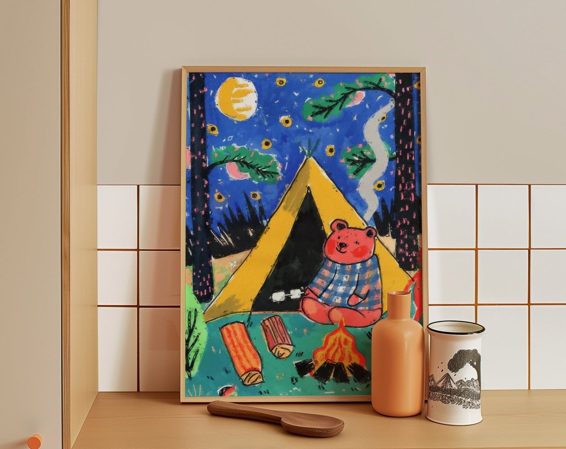 Red Bear Camping Under the Moonlight by a Warm Campfire Poster