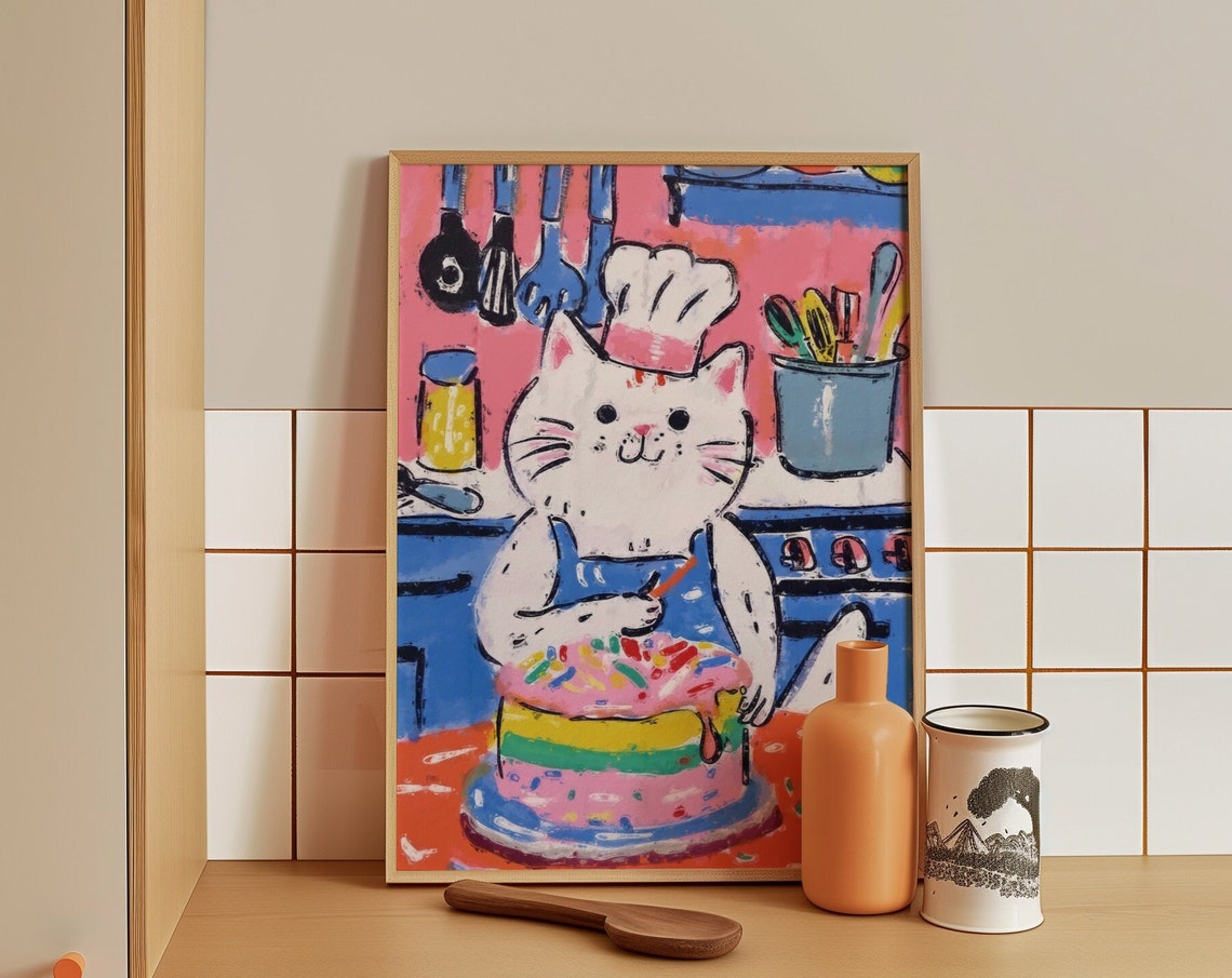 Cheerful White Cat Chef Decorating a Pink Rainbow Cake Poster