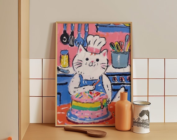 Cheerful White Cat Chef Decorating a Pink Rainbow Cake Poster