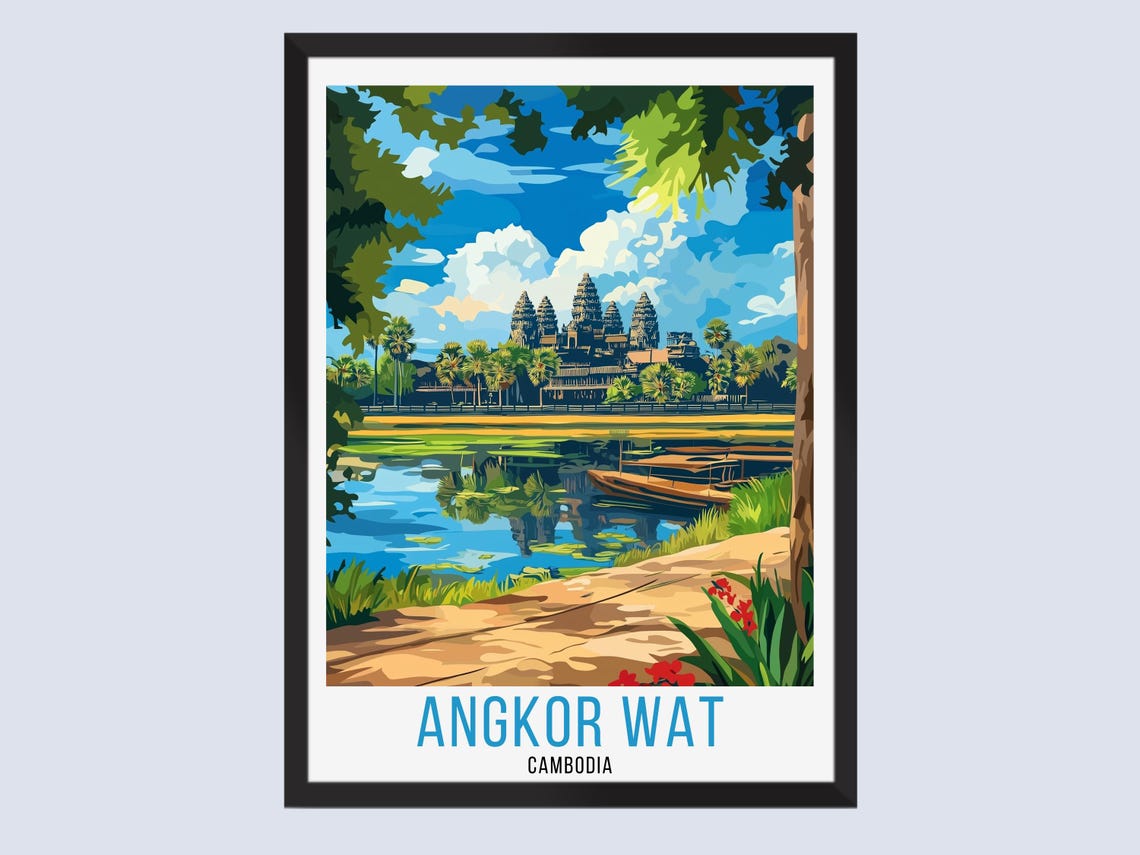 Angkor Wat Cambodia Temple Moat Reflection Retro Travel Poster