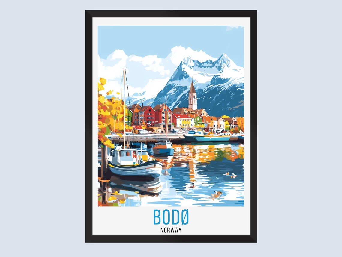 Bodo Norway Harbor Town Snowy Mountain Boats Retro Travel Poster