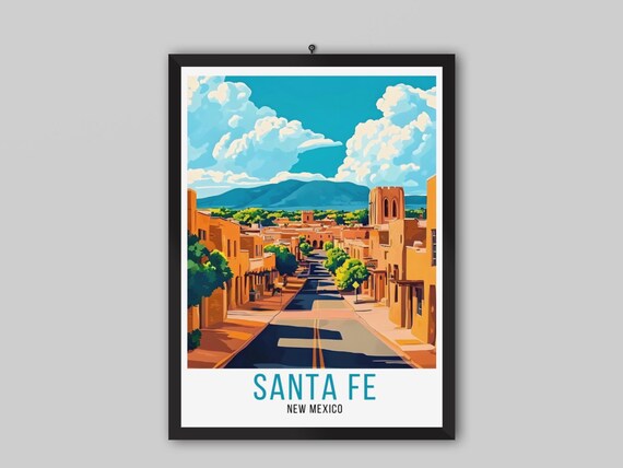 Santa Fe New Mexico Adobe Street Scene Downtown Vintage Poster