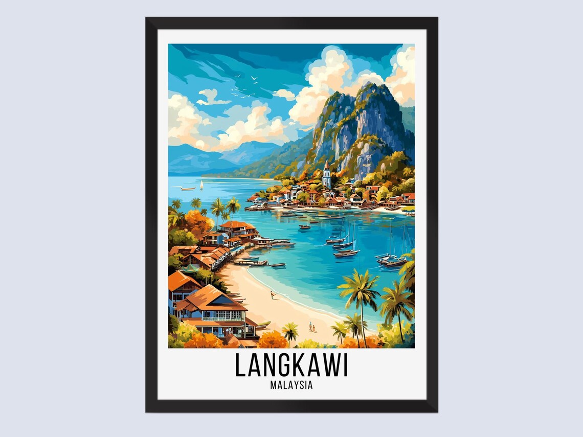 Langkawi Malaysia Beach Palms Fishing Boats Tropical Travel Poster