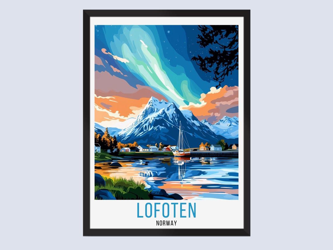 Lofoten Norway Northern Lights Mountain Harbor Travel Poster