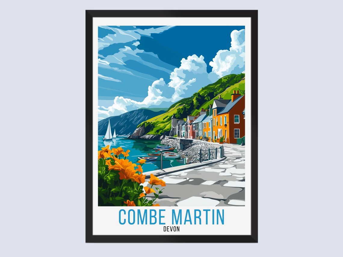 Combe Martin Devon Coastal Harbor Village Vintage Travel Poster