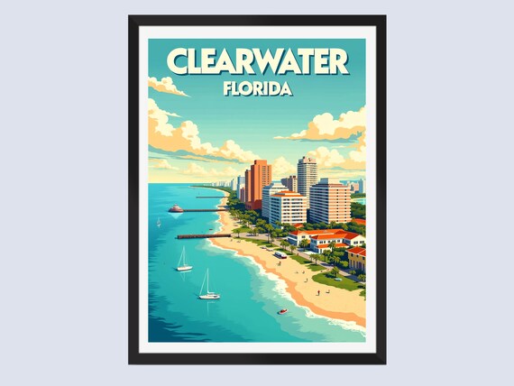Clearwater Florida Retro Travel Poster Beach Sailboats Bay View