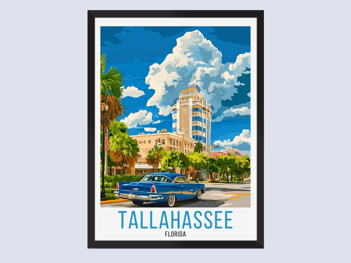 Tallahassee Florida Vintage Travel Poster With Classic Blue Car Art