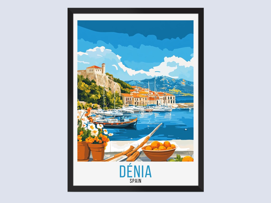 Denia Spain Vintage Travel Poster Harbor Sailboats Castle Flowers Art