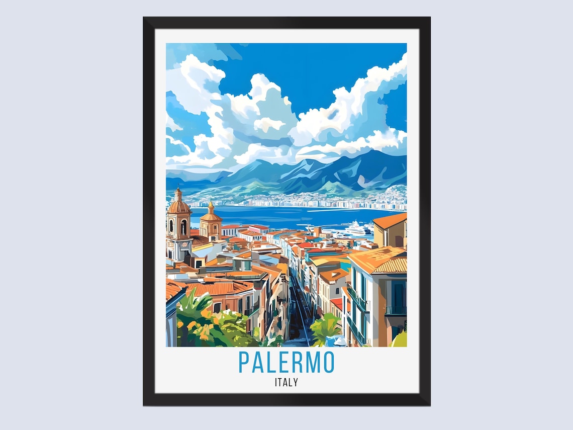 Palermo Italy Rooftops Bay Harbor Cityscape View Travel Poster
