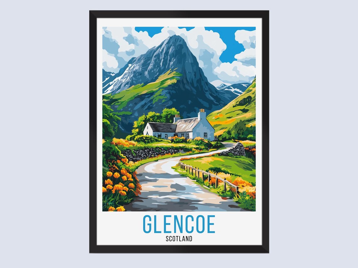 Glencoe Scotland Highland Cottage Mountain Winding Road Travel Poster