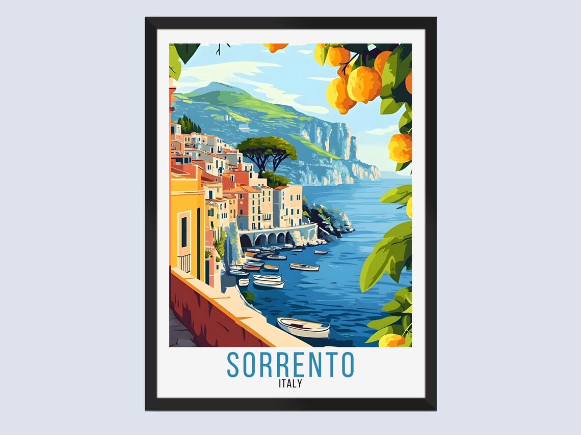 Sorrento Italy Cliffside Harbor Boats Citrus Coast Travel Poster