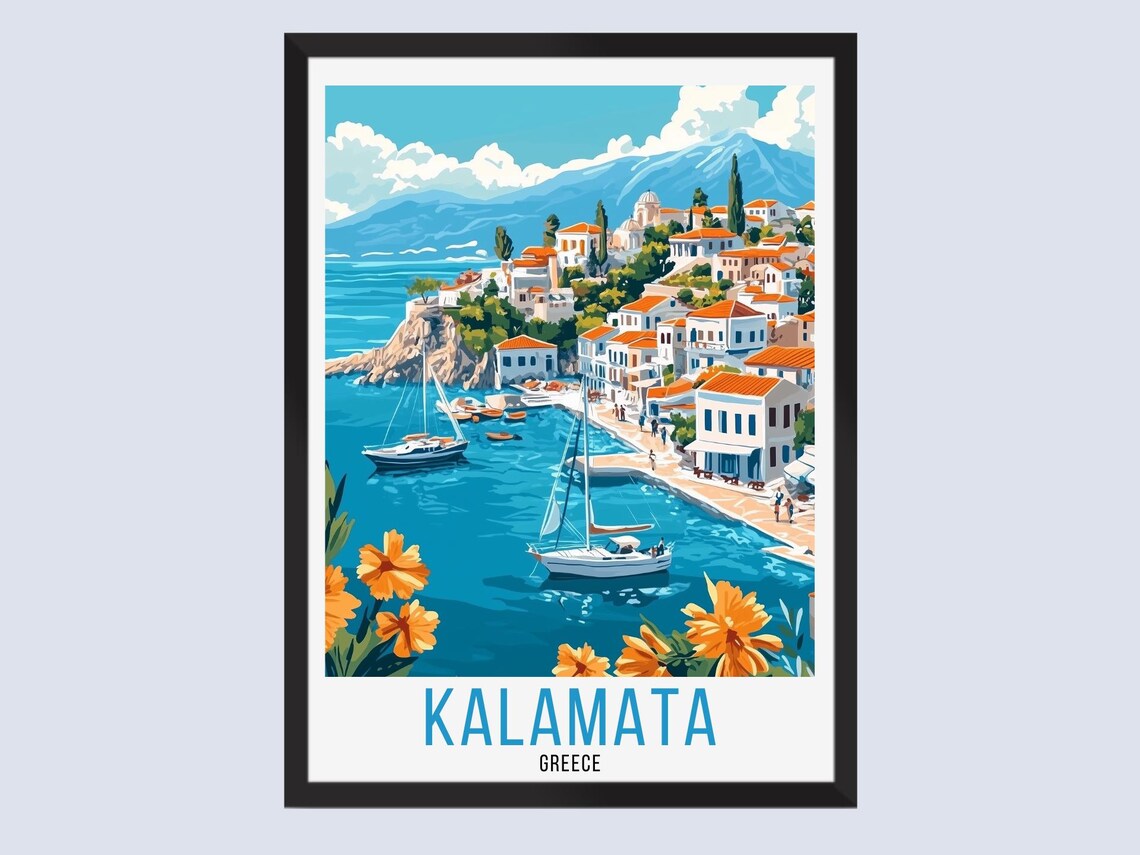 Kalamata Greece Seaside Town Sailboats Vintage Travel Poster