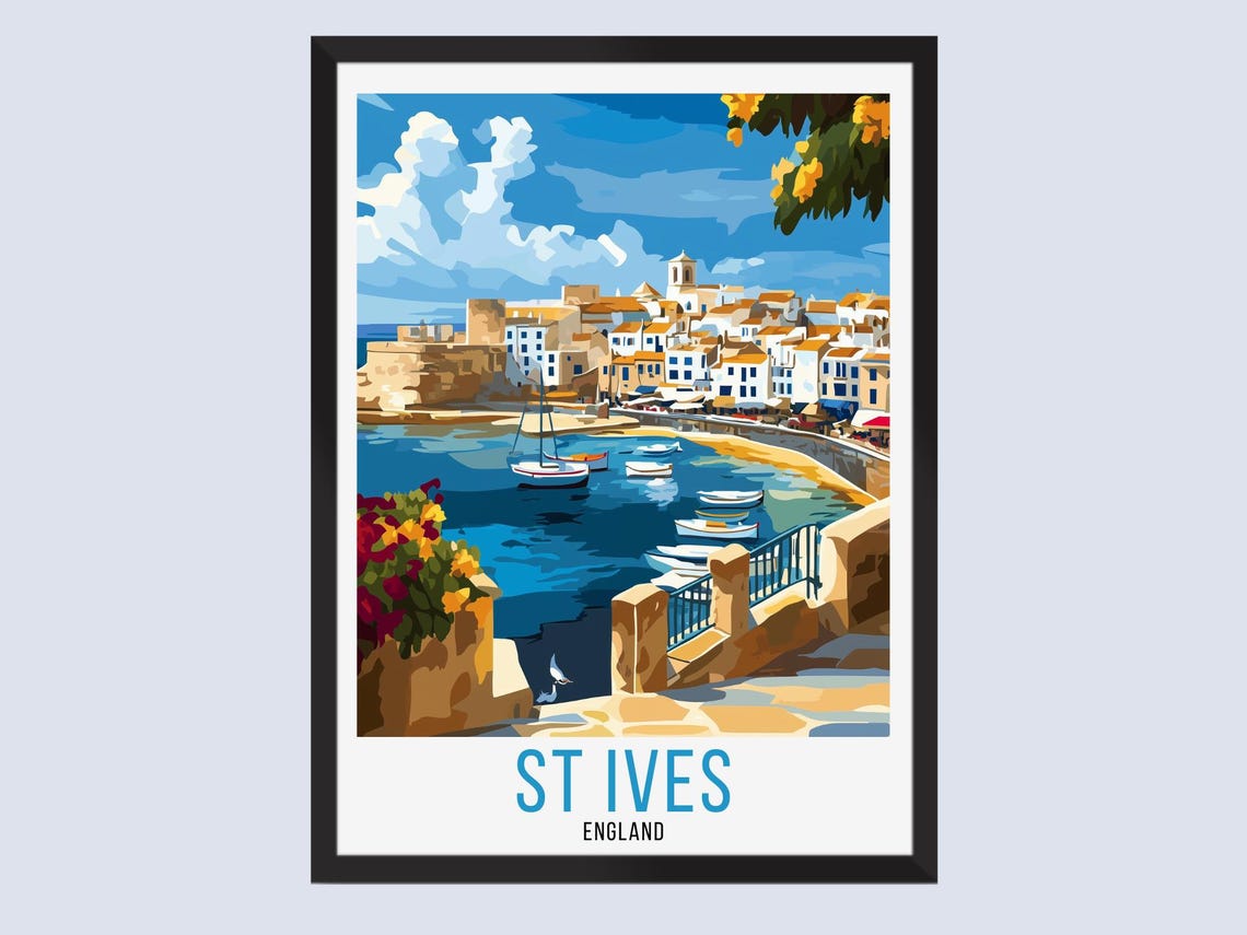 St Ives England Retro Travel Poster Harbor Steps Boats Coast View