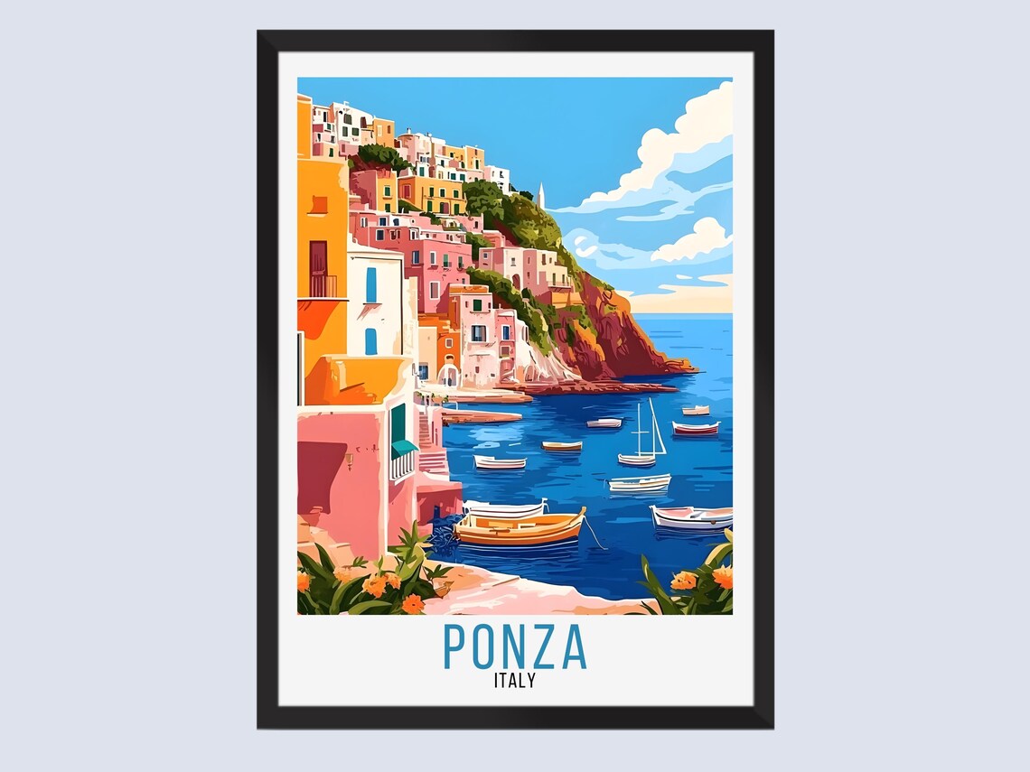 Ponza Italy Cliffside Harbor Colorful Houses Boats Travel Poster
